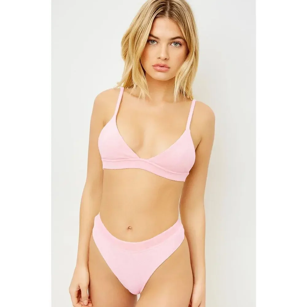 Frankie's Bikinis Claire Unpadded Triangle Terry Bikini Top Baby Pink Large